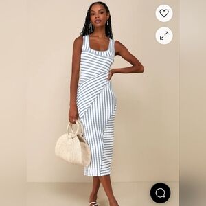 Lulud Constantly Trendy Blue Striped Crinkle Bodycon Midi Dress